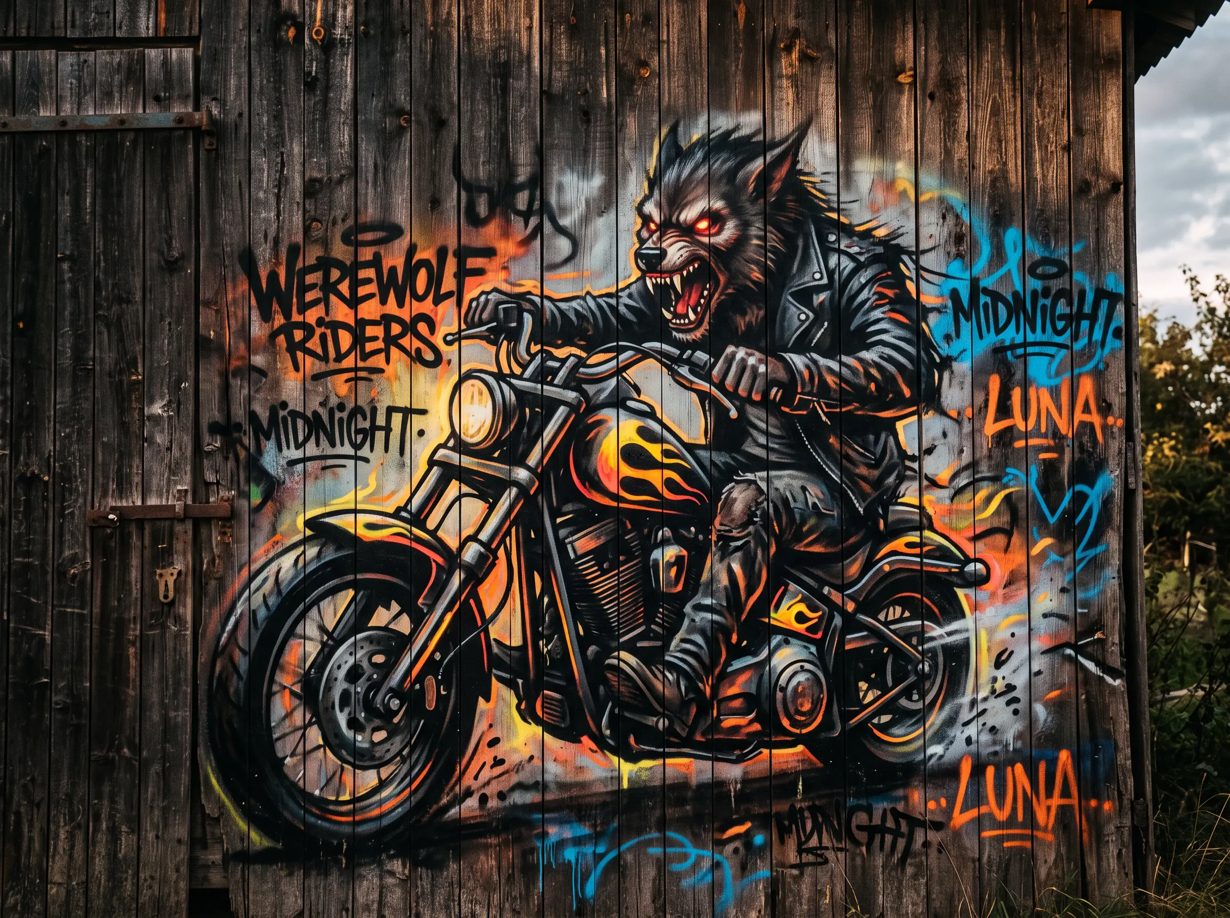Graffiti in der Scheune — Werwolf auf Motorrad, gesprüht auf alte Holzwand