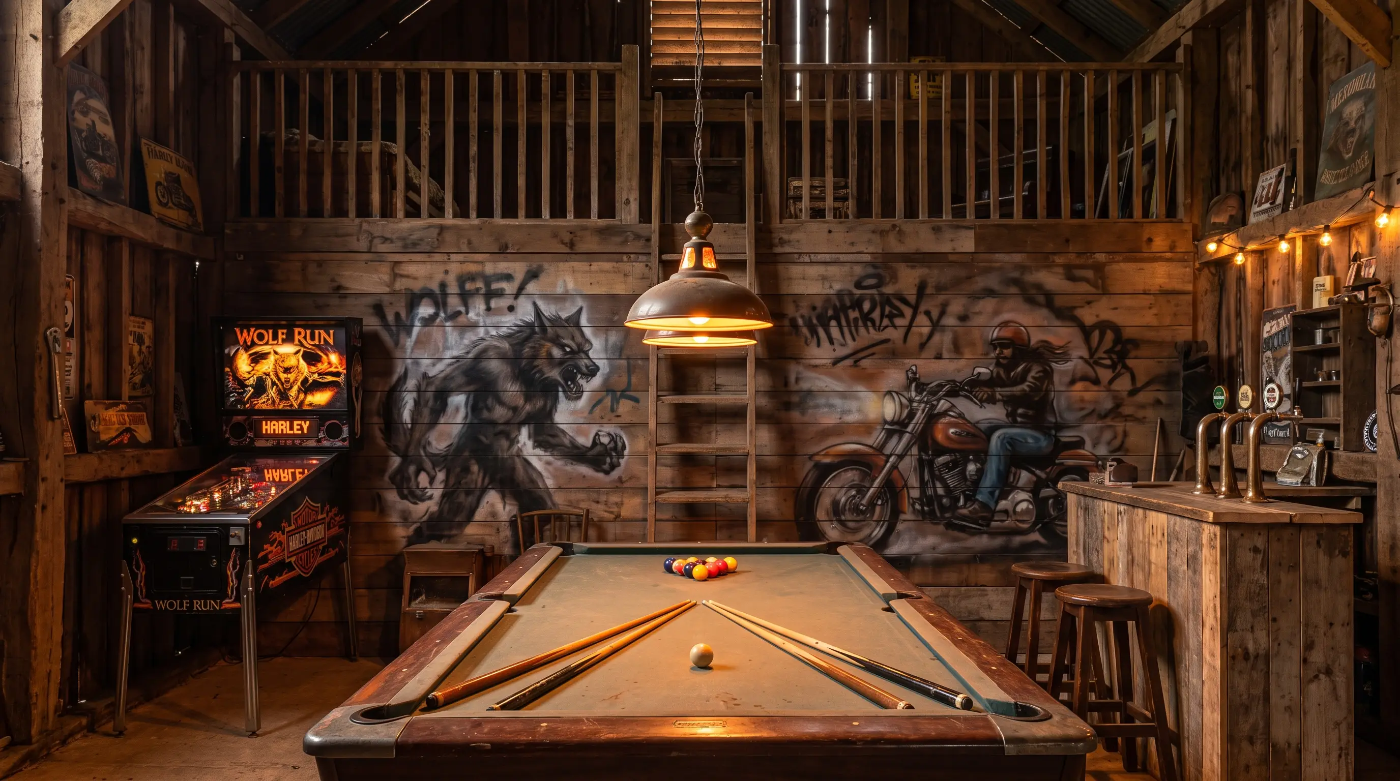Die Scheune der Silberwolf Biker Bar — Billardtisch, Flipper, eigene Bar und Graffiti an den Holzwänden